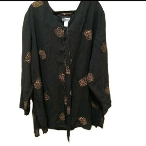 Long Kimono Blouse Black With Gold Flowers Brand New Plus Size:3x Rayon